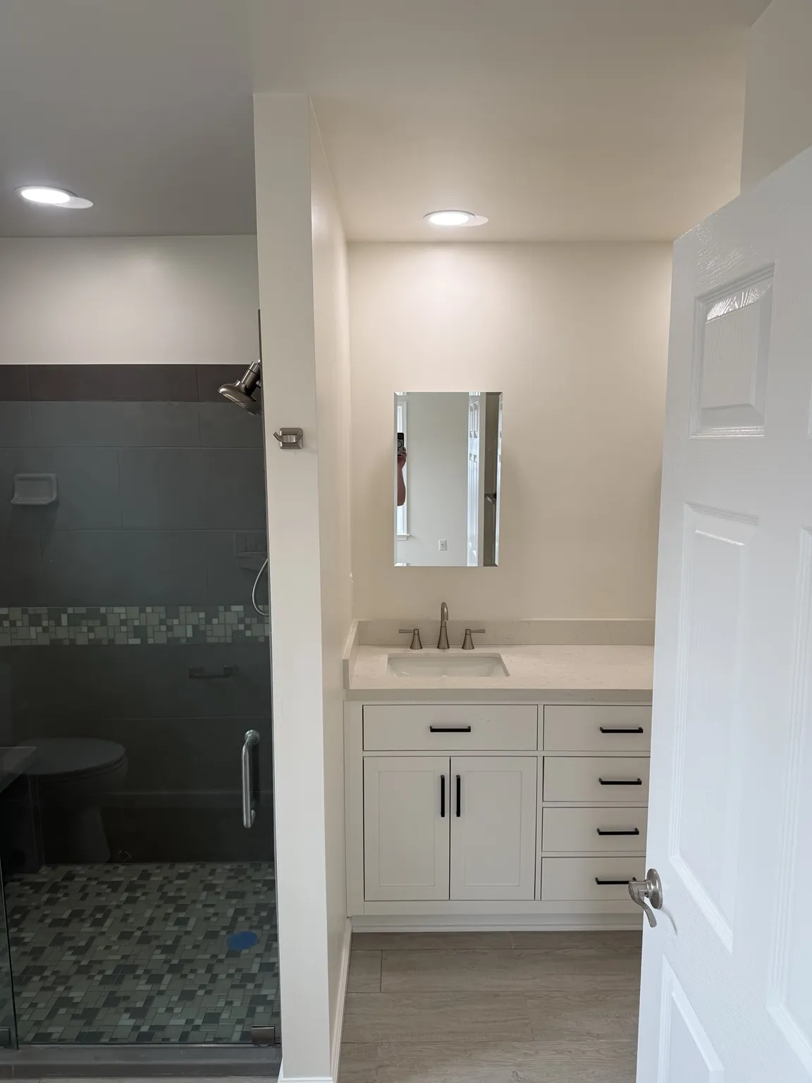 Finished bathroom vanity and shower