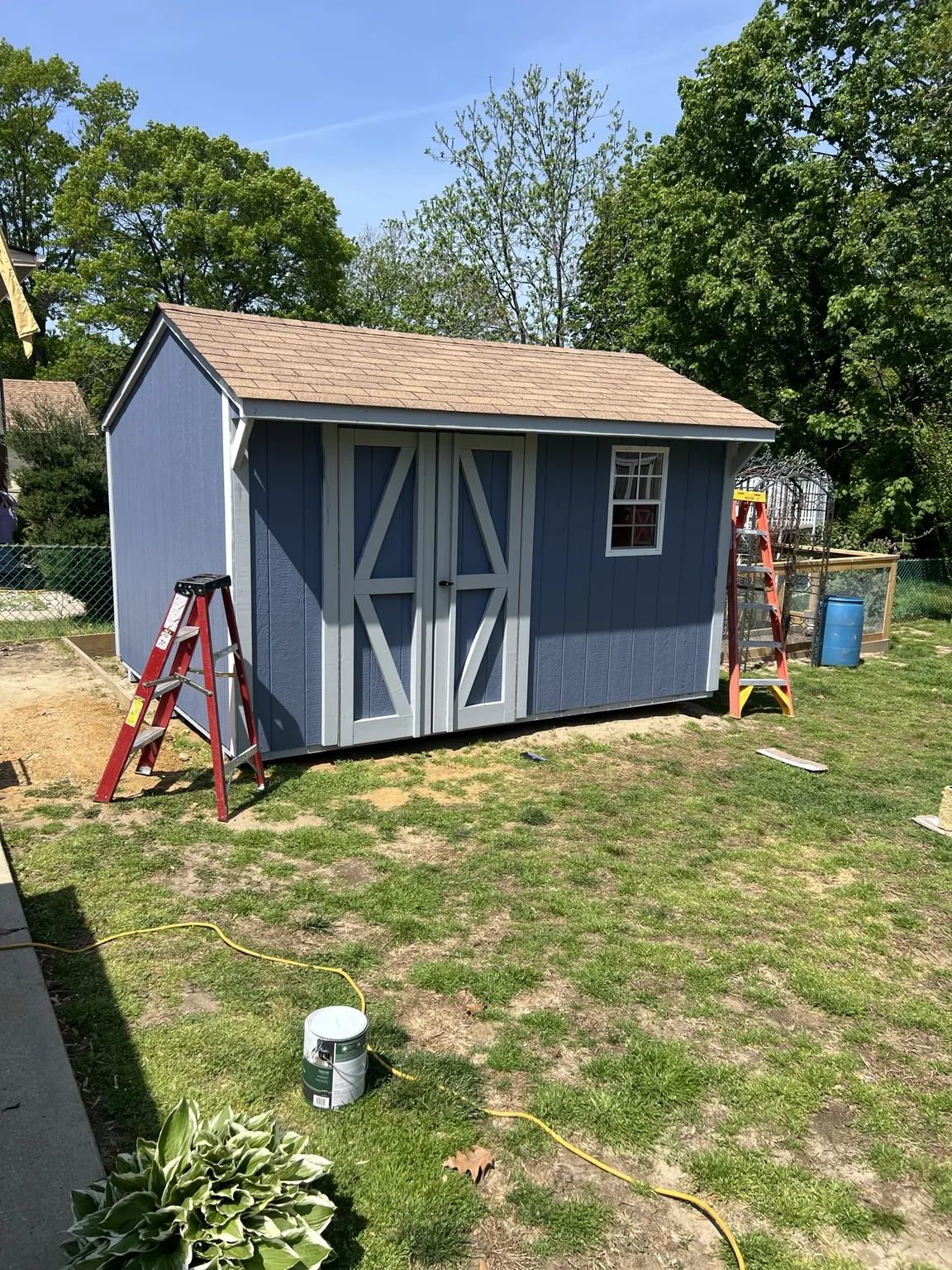 Completed blue and white custom shed